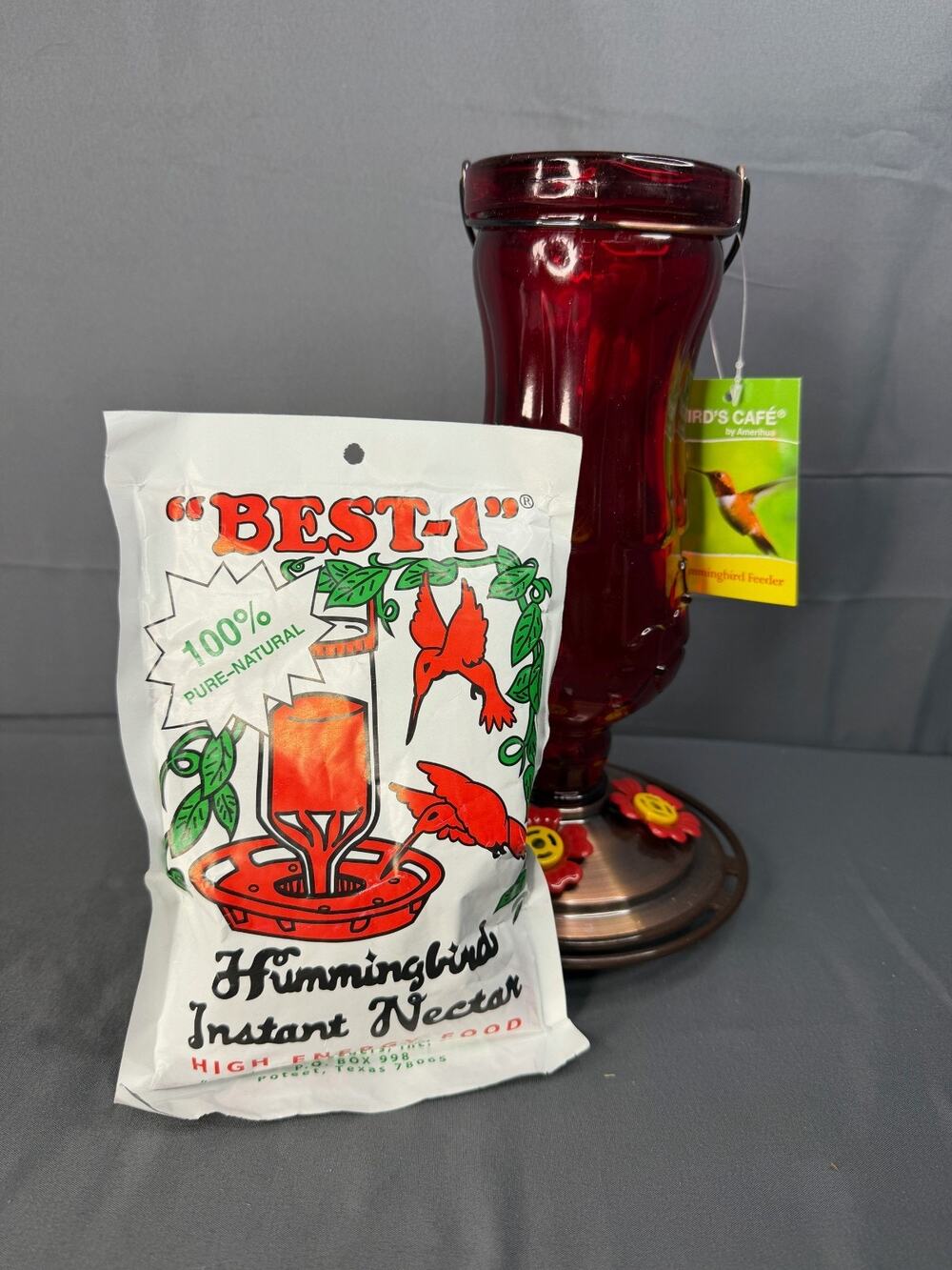 Hummingbird Feeder 10" Inch Red Glass with Instant Nectar NWT